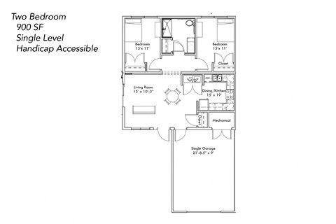 Floor plan for 2 beds, 1 bath, 910 sqft